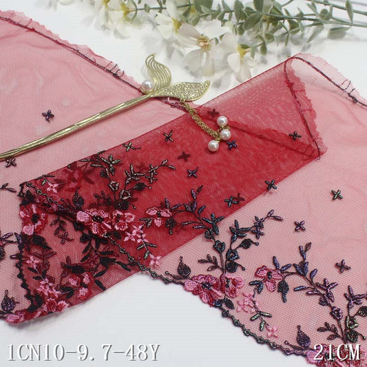 【1pack】-freedombeauty|Red Mesh Single-Sided Ancient Style Gold Stamping Small Flower Embroidery Lace Trim for Lingerie Performance Costume Lace Trim Accessories