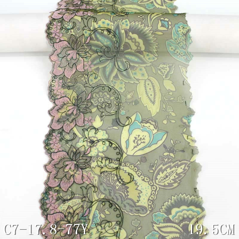 【1pack】-freedombeauty|In Stock Single Side Green Printed Mesh Base Pink Flower Performance Costume Accessories Embroidered Lace Width 19.5cm