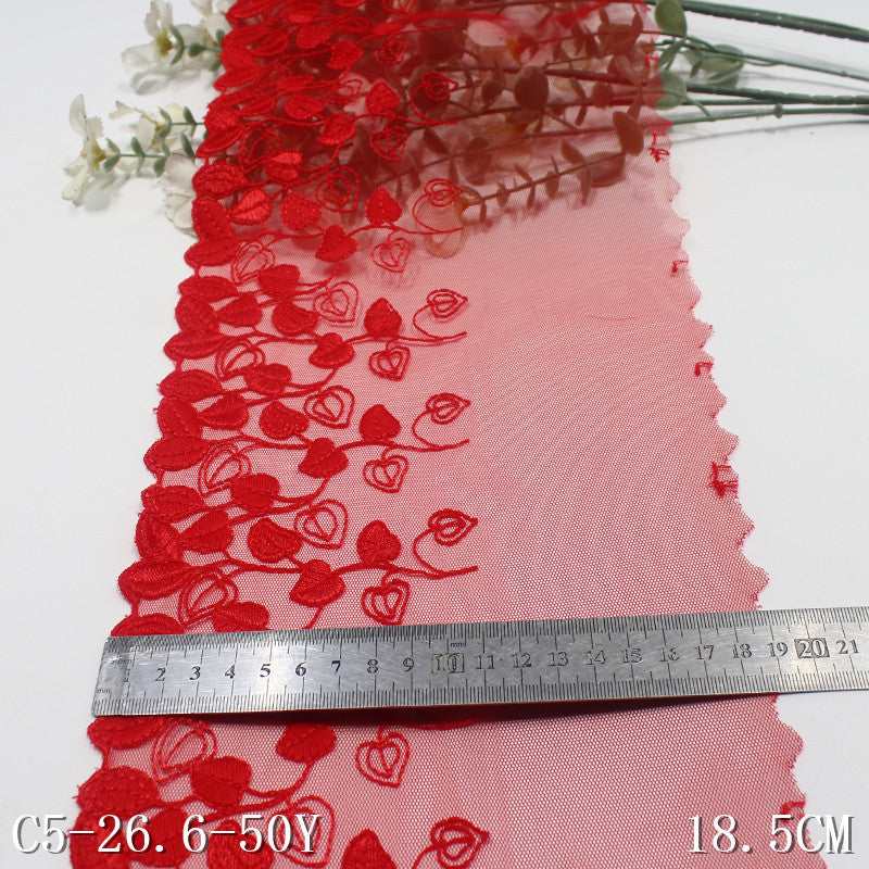 【1pack】-freedombeauty|Red Single-Sided Textured Heart Leaf Mesh Embroidery 18cm Clothing Home Textile Lace Trim DIY