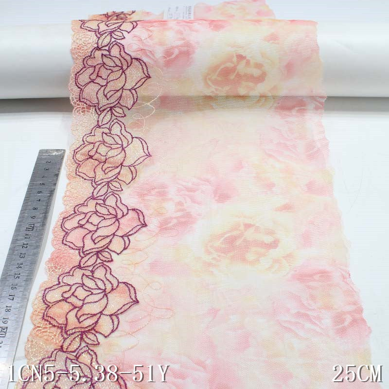 【1pack】-freedombeauty|Pink Printed Mesh Two Width Polyester Thread Embroidery Lace Trim Curtain Decoration Lingerie Lace