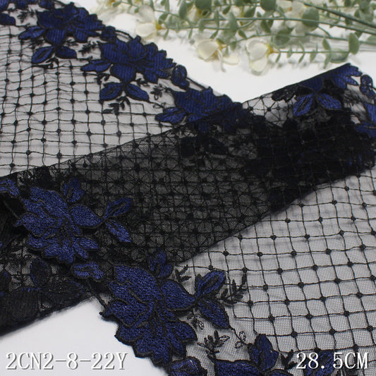 【1pack】-freedombeauty|Black Plaid Mesh Retro Double-Sided Blue Flower Embroidery Lace Trim Performance Costume Decoration Lace Trim Accessories