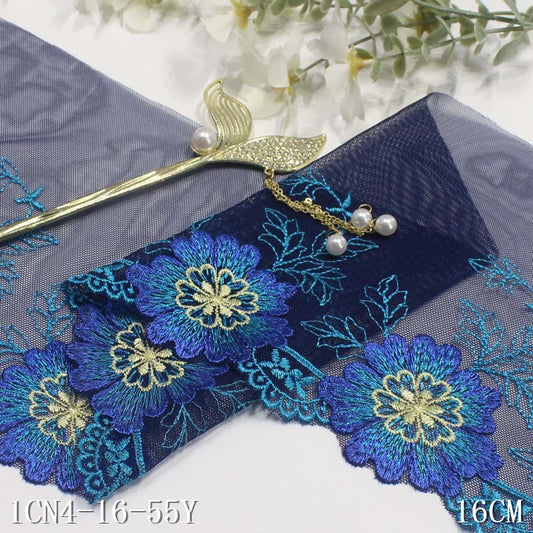 【1pack】-freedombeauty|Blue and Black Mesh Single Edge Textured Flower Embroidery Trim DIY Curtain Sofa Cushion Lace Trim Accessories
