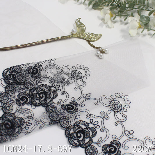 【1pack】-freedombeauty|Pink Mesh Single Edge Vintage Flower Embroidery Trim 22cm Curtain Sofa Cushion Lace Trim Accessories