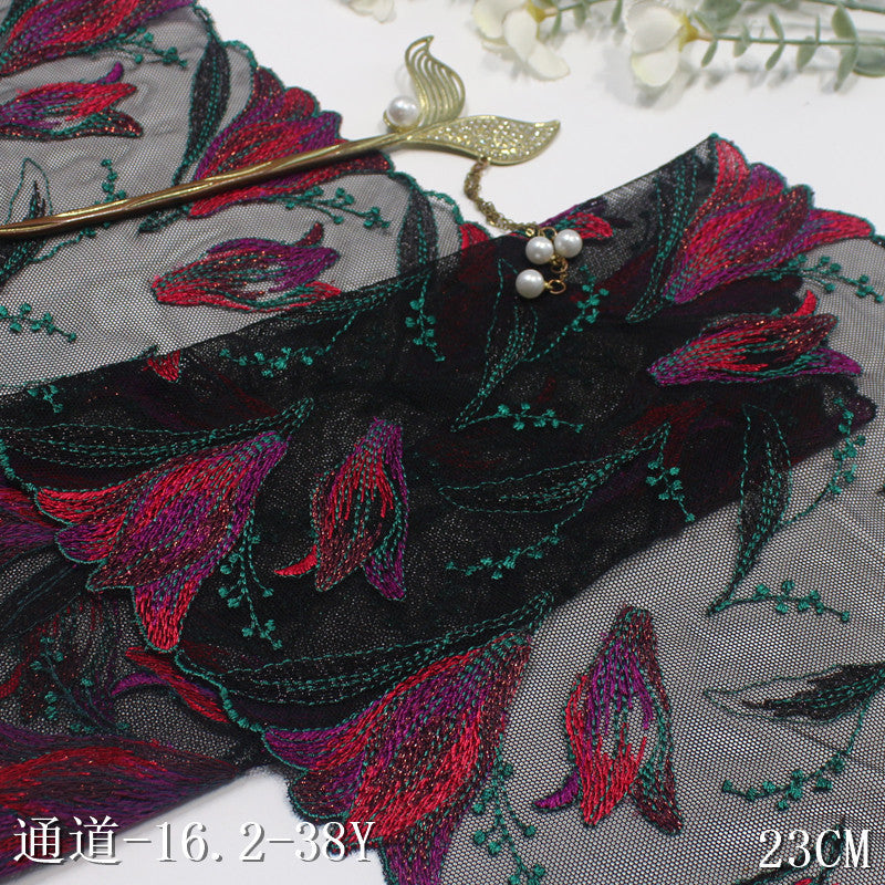 【1pack】-freedombeauty|Black Mesh Double-Sided Gold Thread Ancient Style Flower Elastic Embroidery Clothing Home Textile Lace Trim DIY