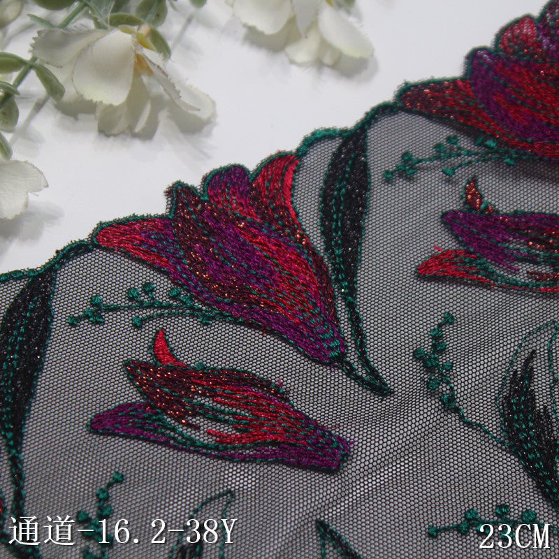 【1pack】-freedombeauty|Black Mesh Double-Sided Gold Thread Ancient Style Flower Elastic Embroidery Clothing Home Textile Lace Trim DIY