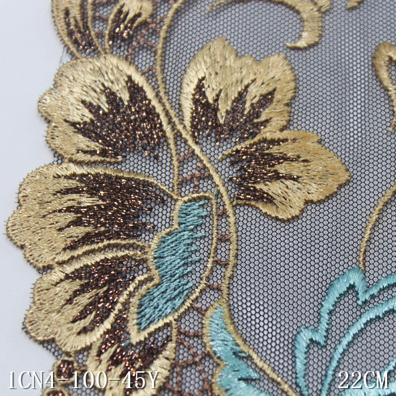 【1pack】-Freedombeauty | Black Mesh Classical Unilateral Gold Flower Blue Pattern Embellishment Advanced Embroidery Lace Clothing Curtain Accessories DIY