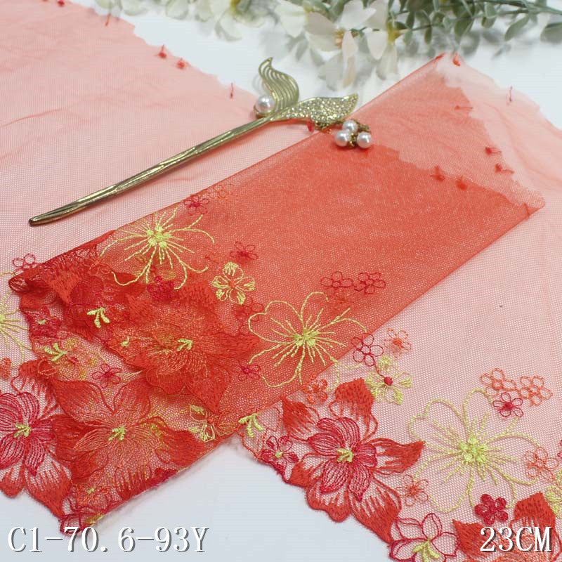 【1pack】-freedombeauty|Red Mesh Single-Sided Color-Block Polyester Thread Flower Embroidery Trim DIY Clothing Curtain Lace Trim Accessories