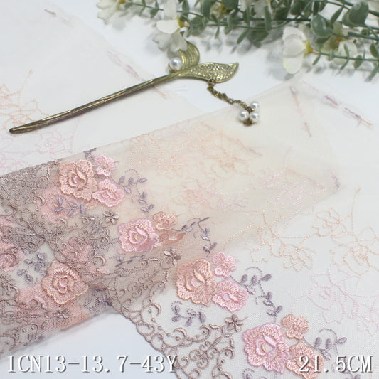 【1pack】-freedombeauty|Pink Mesh French Style Single-Sided Small Flower Embroidery Lace Trim 21cm Clothing Home Textile Lace Trim DIY Accessories