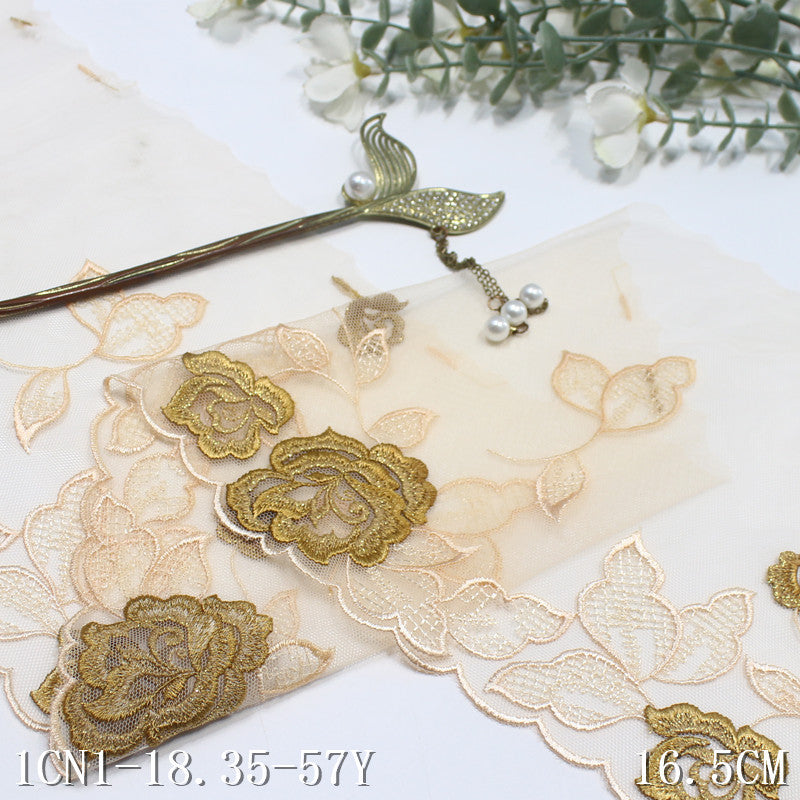 【1pack】-Freedombeauty | Two-Color Mesh Single Side Gold Silk Antique Flower Embroidery Lace Clothing Home Textile Lace Accessories DIY