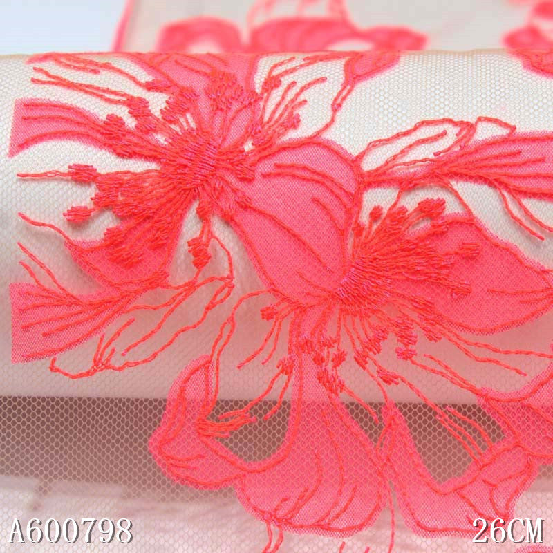 【1pack】-freedombeauty|Mesh Polyester Red Large Flower Embroidery Trim Accessories for Curtains, Clothing, Underwear, Textile Accessories