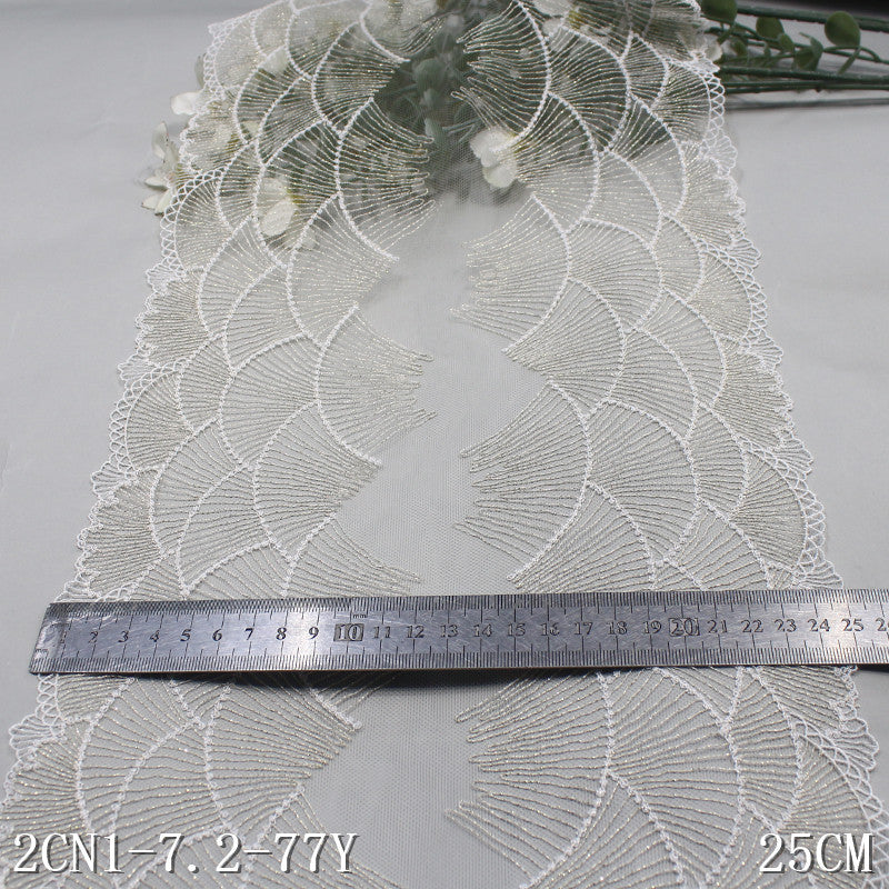 【1pack】-Freedombeauty | White Mesh Bilateral Gold Silk Shell Embroidery Lace 25cm Curtain Sofa Cushion Lace Accessories