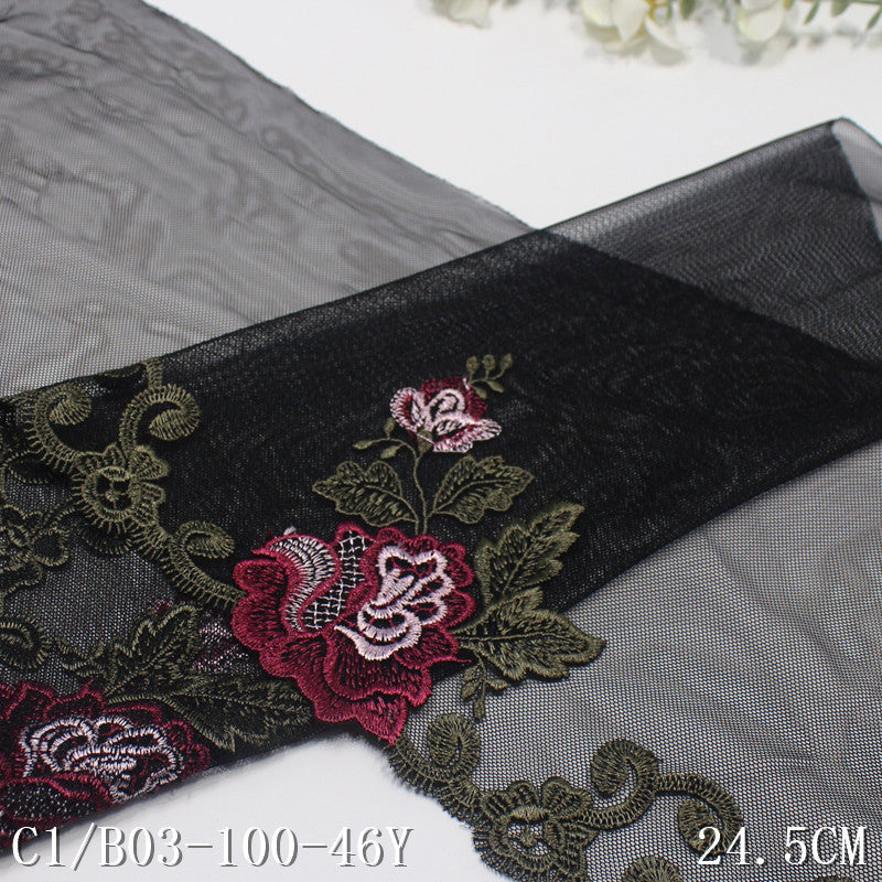 【1pack】-freedombeauty|Black Soft Mesh Single Edge Ancient Style Flower Embroidery Lace Trim Clothing Home Textile Lace Trim DIY