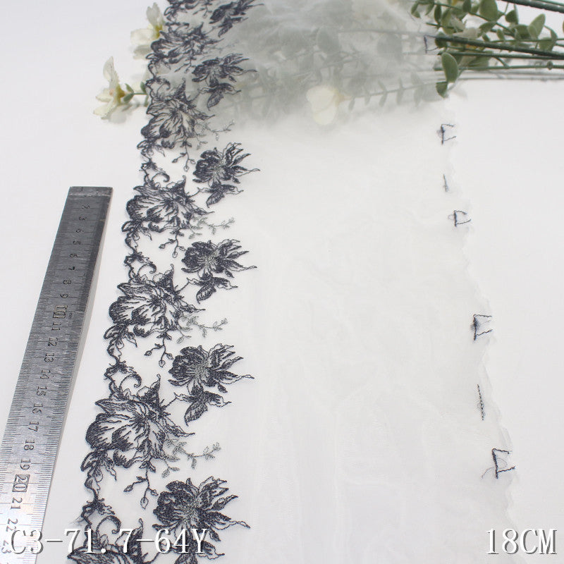 【1pack】-freedombeauty|White Mesh Single Edge Silver Thread Ancient Style Flower Embroidery Trim Clothing Home Textile Lace Trim Accessories DIY