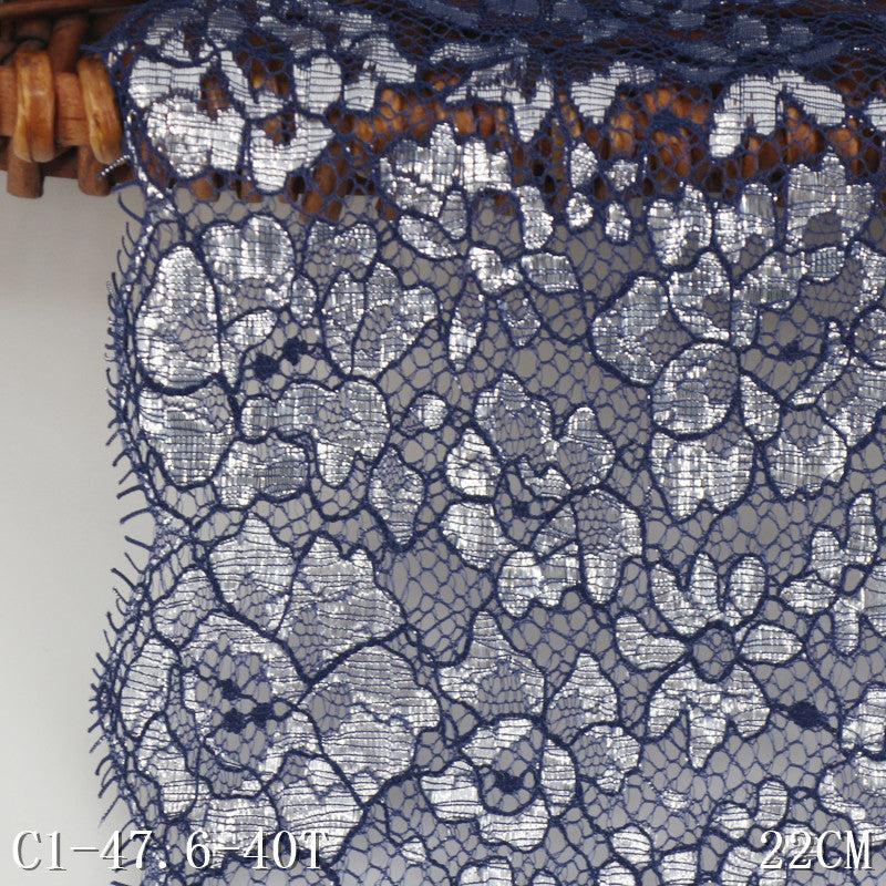 freedombeauty|Navy Blue Full Embossed Silver Classical Flower Non-Elastic Eyelash 22cm Lingerie Home Textile Lace Trim Accessories