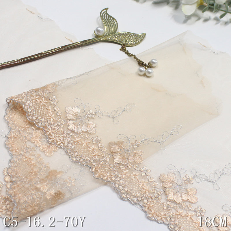 【1pack】-freedombeauty|Apricot Mesh Single Edge Silver Thread Flower Embroidery Trim 18cm Curtain Sofa Cushion Lace Trim Accessories