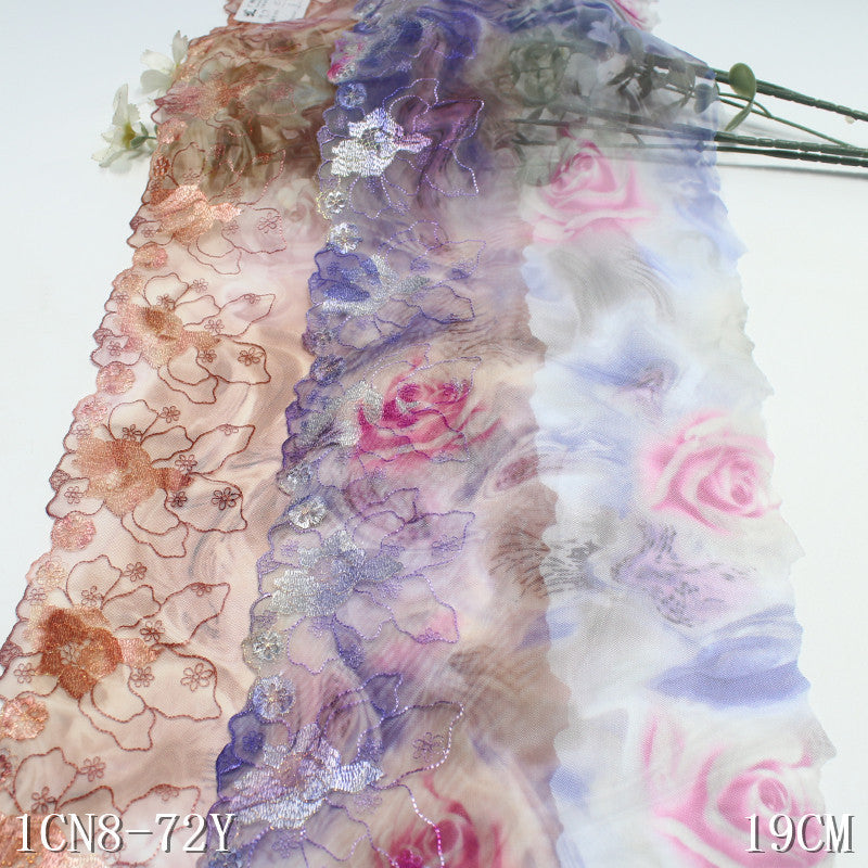 【1pack】-freedombeauty|Printed Mesh Single Edge Gold Thread Flower Embroidery Trim 19cm Curtain Sofa Cushion Lace Trim DIY Accessories