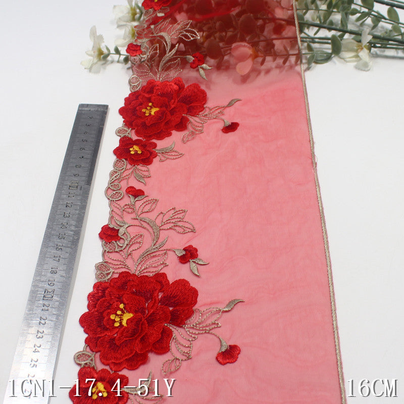 【1pack】-freedombeauty|Red Single-Sided Chinese Style Exquisite Flower Mesh Embroidery 16cm Clothing Home Textile Lace Trim DIY