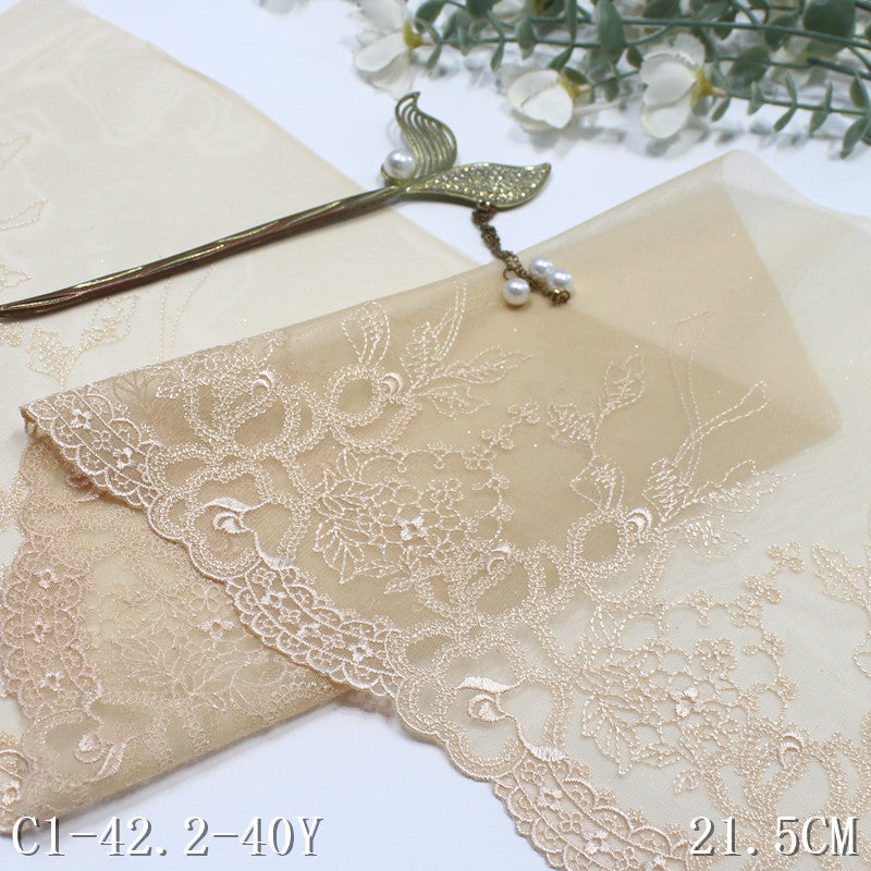 【1pack】-freedombeauty|Vintage Skin Tone Ribbon Flower Glitter Mesh Embroidery 21cm Clothing Home Textile Lace Trim DIY