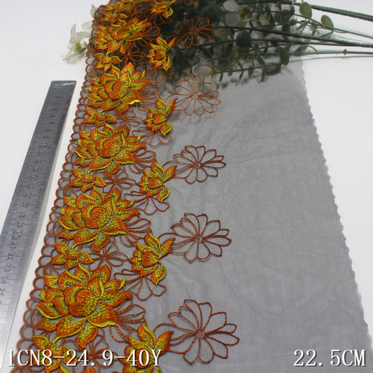 【1pack】-freedombeauty | Black Mesh Single Edge Vintage Flower Embroidery Trim 22cm Curtain Sofa Cushion Lace Trim Accessories