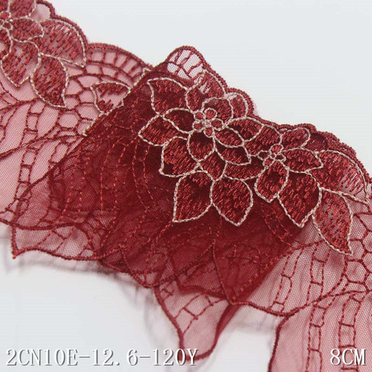【1pack】-freedombeauty|Red Gold Thread Polyester Flower Mesh Embroidery Lace DIY Curtain Sofa Cushion Lace Trim Accessories