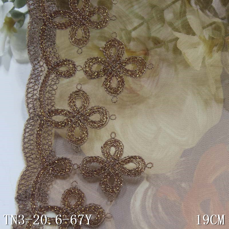 【1pack】-freedombeauty|Light Brown Printed Mesh Single Edge Gold Thread Pattern Embroidery Trim Clothing Curtain Lace Trim Accessories