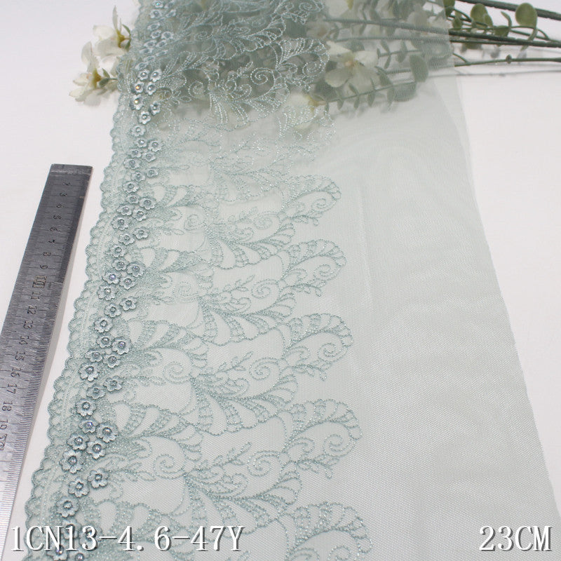 【1pack】-freedombeauty|Green French Style Single-Sided Silver Thread Small Flower Mesh Embroidery 19cm Curtain Sofa Cushion Lace Trim Accessories