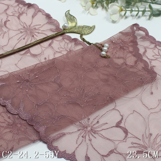 【1pack】-freedombeauty|Mocha Brown Double-Sided Retro Large Flower Elastic Embroidery 23cm Clothing Home Textile Lace Trim DIY