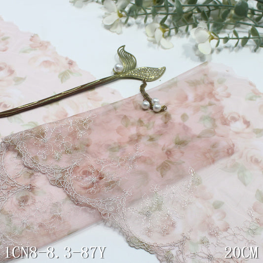 【1pack】-freedombeauty|Printed Mesh Single Edge French Flower Embroidery Lace 20cm Clothing Home Textile Lace Trim DIY