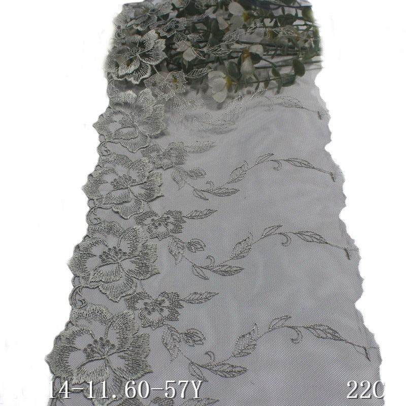 【1pack】-freedombeauty|Charcoal Gray Mesh Single Edge Vintage Flower Embroidery Trim Clothing Home Textile 22cm Lace Trim Accessories