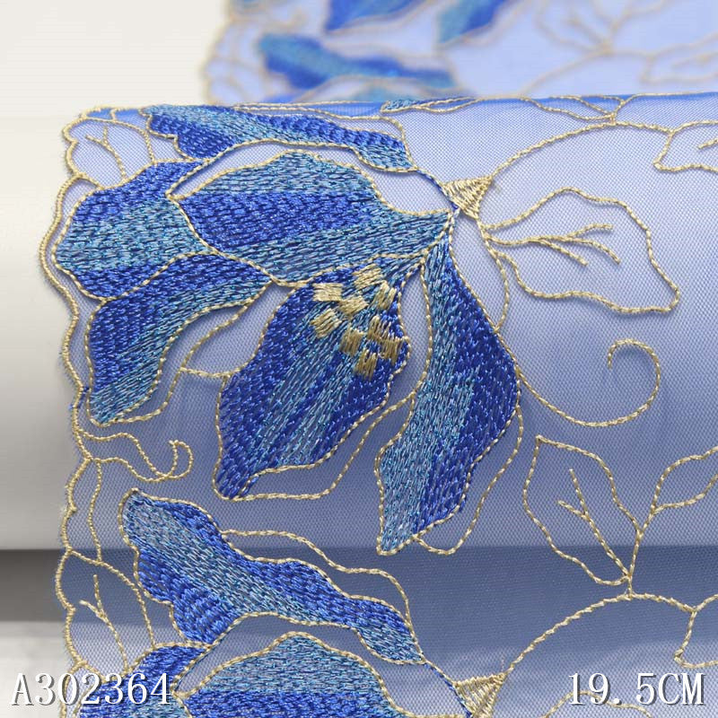 【1pack】-freedombeauty|Blue Mesh Polyester Gradient Color Flower Embroidery Trim Accessories Curtain Decoration Lingerie Trim