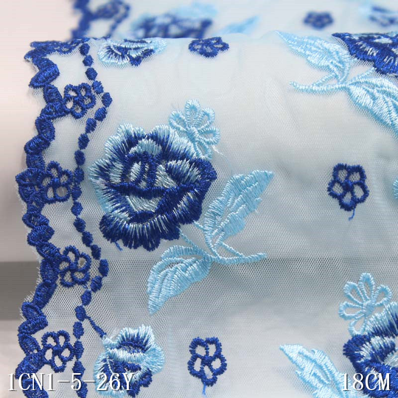 【1pack】-Freedombeauty | Blue Grenadine Bilateral Texture Flowers Print Embroidery Lace Accessories Curtain DIY Handmade Lace