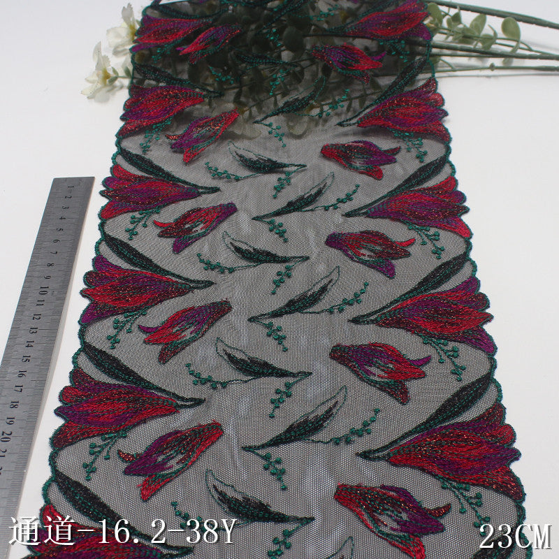 【1pack】-freedombeauty|Black Mesh Double-Sided Gold Thread Ancient Style Flower Elastic Embroidery Clothing Home Textile Lace Trim DIY