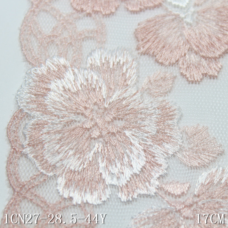 【1pack】-Freedombeauty | Pink Mesh Unilateral Vintage Flower Embroidery Lace 17cm Clothing Home Textile Lace Accessories DIY