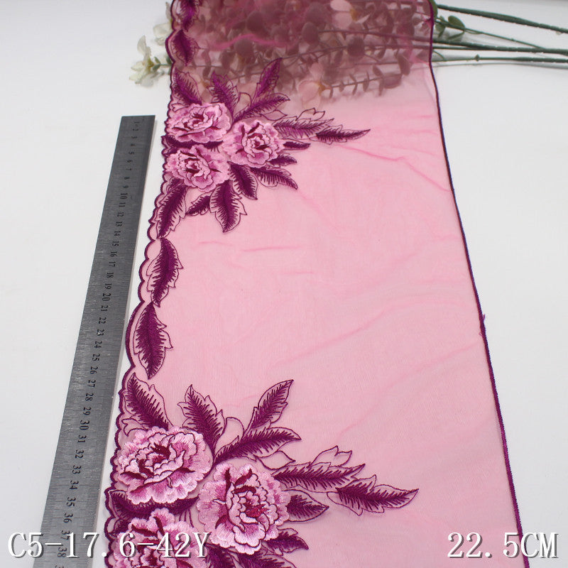 【1pack】-freedombeauty|Rose Red Single-Sided Textured Vintage Flower Mesh Embroidery Curtain Sofa Cushion Lace Trim DIY Accessories