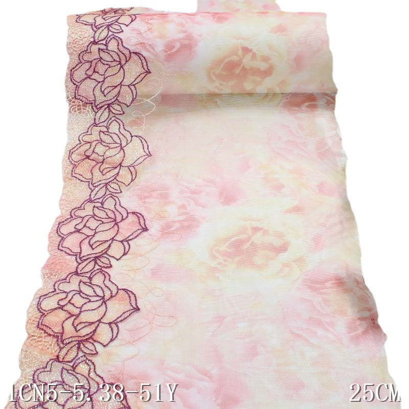 【1pack】-freedombeauty|Pink Printed Mesh Two Width Polyester Thread Embroidery Lace Trim Curtain Decoration Lingerie Lace