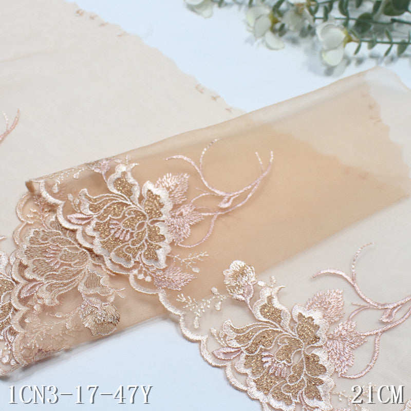 【1pack】-Freedombeauty | Champagne Gold Thread Unilateral Antique Flower Mesh Embroidery 21cm Clothing Home Textile Lace Accessories