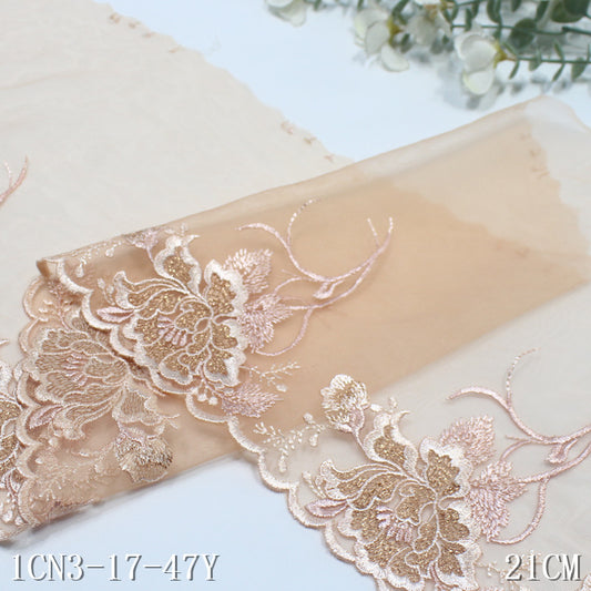 【1pack】-Freedombeauty | Champagne Gold Thread Unilateral Antique Flower Mesh Embroidery 21cm Clothing Home Textile Lace Accessories