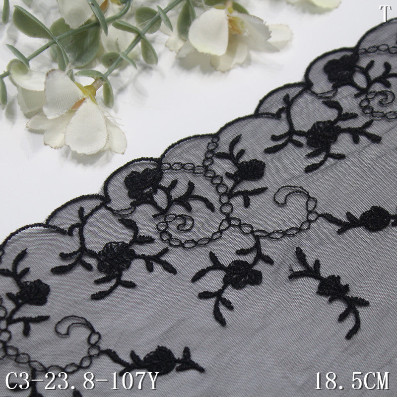 【1pack】-freedombeauty|Black Mesh Single Edge Vintage Small Flower Embroidery Lace 18cm Clothing Home Textile Lace Trim DIY