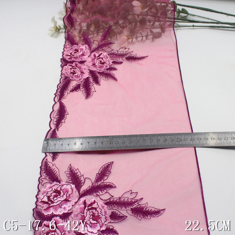 【1pack】-freedombeauty|Rose Red Single-Sided Textured Vintage Flower Mesh Embroidery Curtain Sofa Cushion Lace Trim DIY Accessories