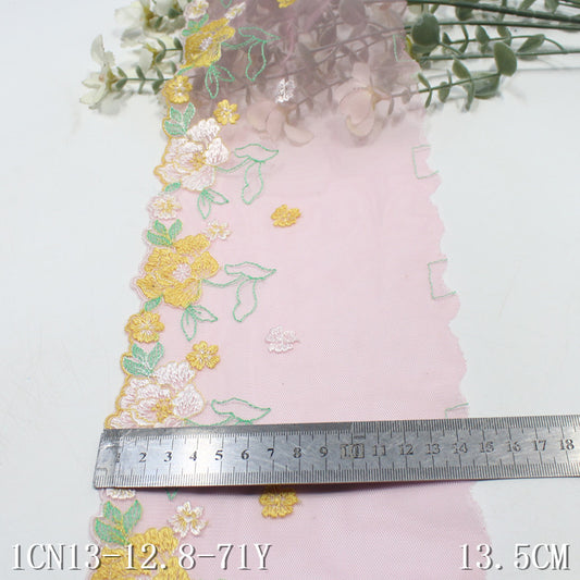 【1pack】-freedombeauty|Pink Mesh Single-Sided Two-Tone Flower Embroidery Lace Trim 13cm Clothing Home Textile Lace Trim Accessories