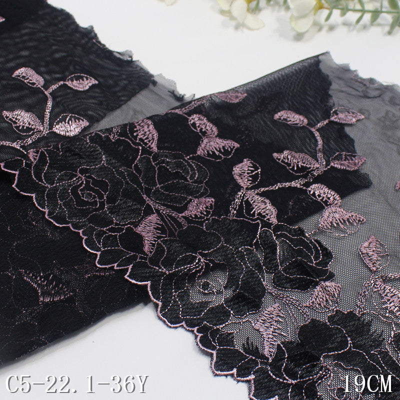 【1pack】-Freedombeauty | Black Mesh Single Side Vintage Rose Embroidery Lace 19cm Clothing Home Textile Lace Accessories DIY
