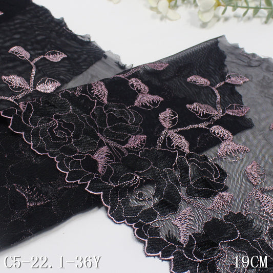 【1pack】-Freedombeauty | Black Mesh Single Side Vintage Rose Embroidery Lace 19cm Clothing Home Textile Lace Accessories DIY