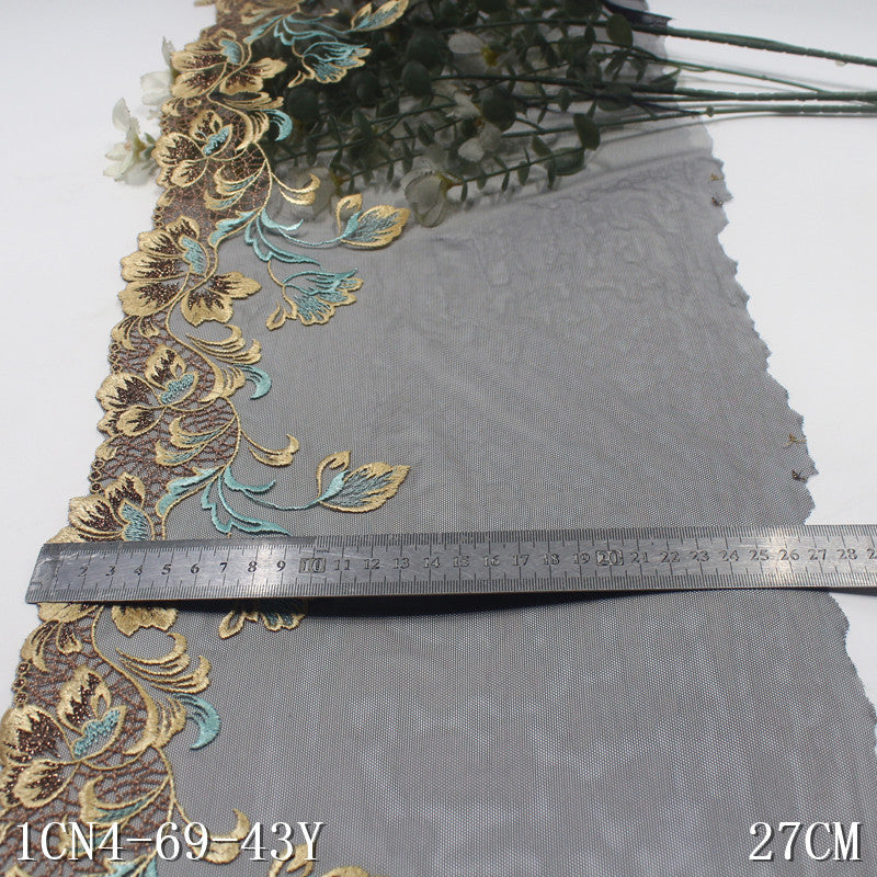 【1pack】-Freedombeauty | Black Mesh Classical Unilateral Gold Flower Blue Pattern Embellishment Advanced Embroidery Lace Clothing Curtain Accessories DIY