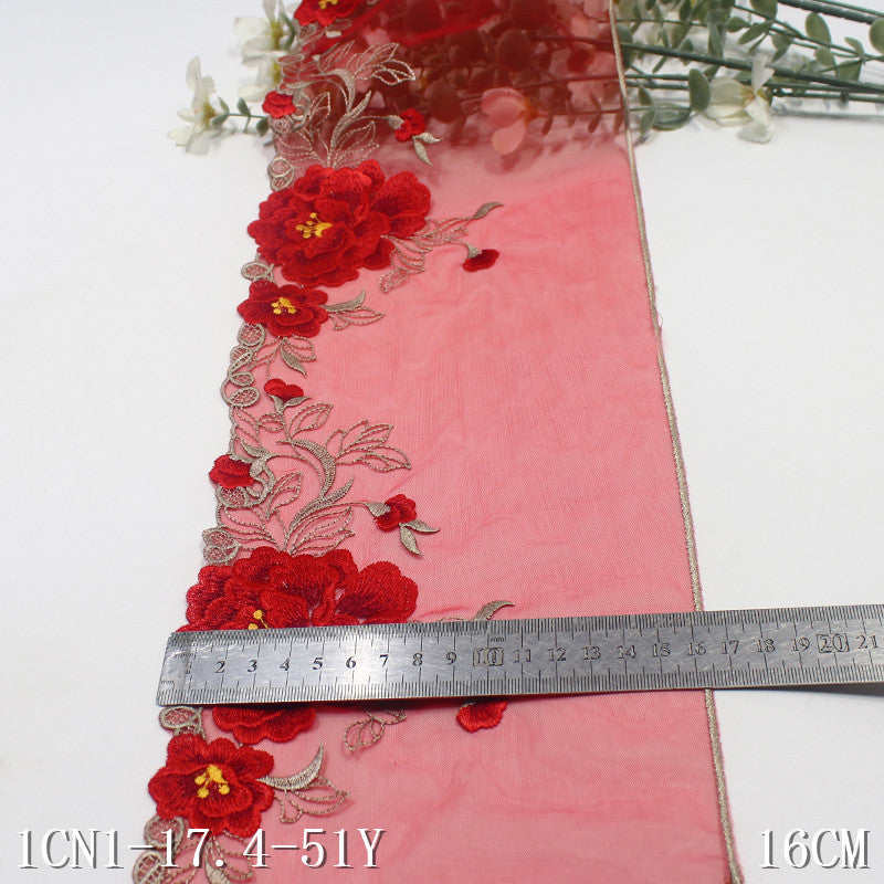 【1pack】-freedombeauty|Red Single-Sided Chinese Style Exquisite Flower Mesh Embroidery 16cm Clothing Home Textile Lace Trim DIY