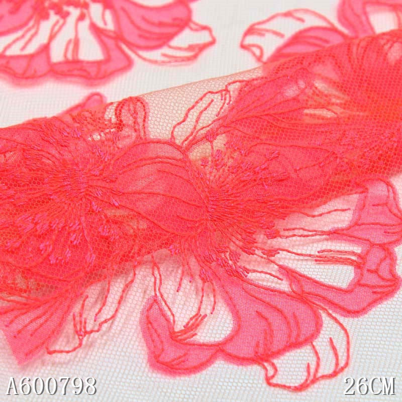 【1pack】-freedombeauty|Mesh Polyester Red Large Flower Embroidery Trim Accessories for Curtains, Clothing, Underwear, Textile Accessories