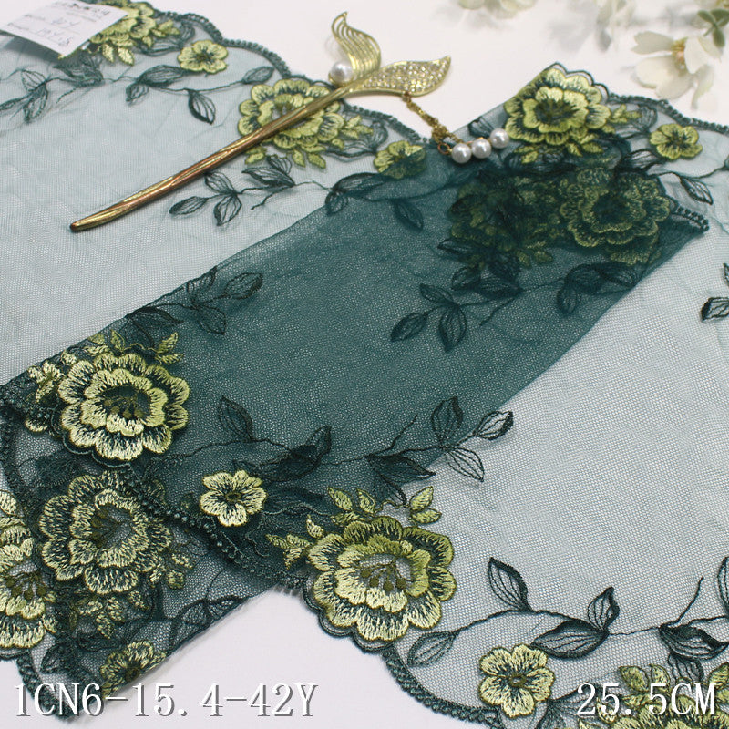 【1pack】-freedombeauty|Green Mesh Double-Sided Champagne Color Flower Embroidery Lace Trim for Lingerie and Curtain 25cm Lace Trim Accessories