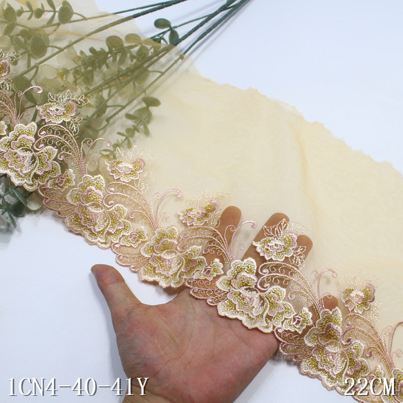 【1pack】-freedombeauty|Yellow Mesh Single-Sided Exquisite Gold Thread Flower Embroidery Trim Curtain Sofa Cushion Lace Trim Accessories