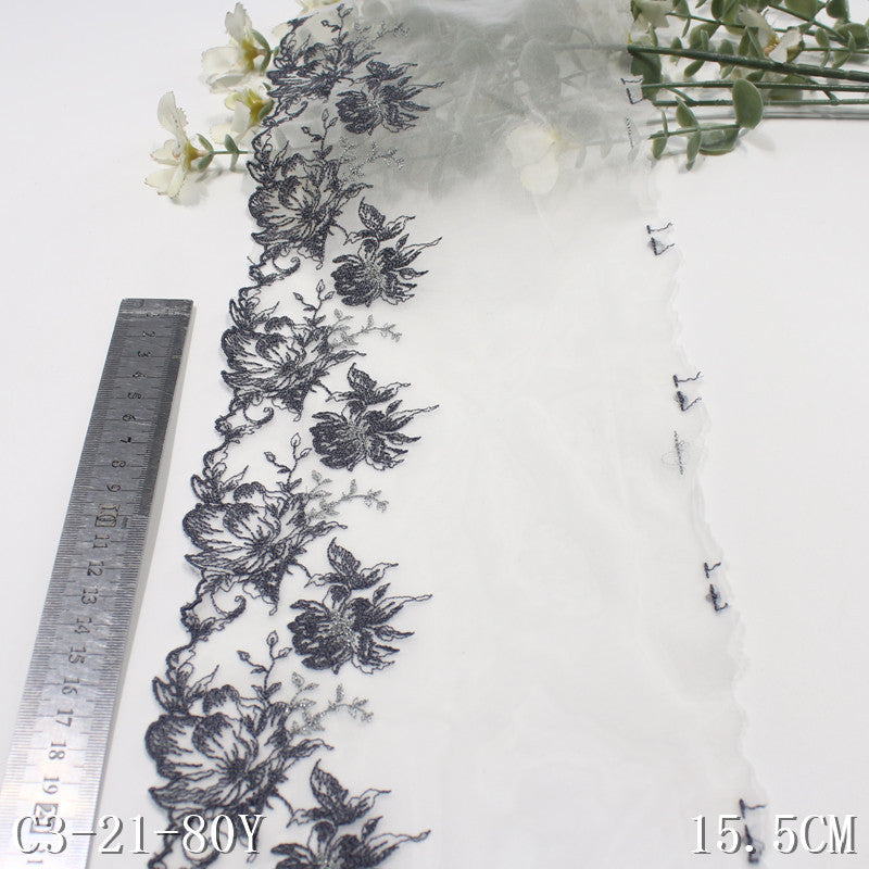【1pack】-freedombeauty|White Mesh Single Edge Silver Thread Ancient Style Flower Embroidery Trim Clothing Home Textile Lace Trim Accessories DIY
