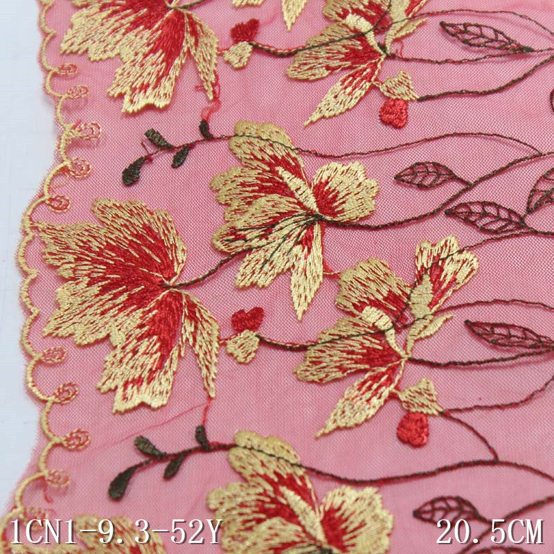 【1pack】-freedombeauty|Red Mesh Single-Sided Exquisite Flower Branch Pattern Embroidery Trim Accessories Sofa Cushion Curtain Trim