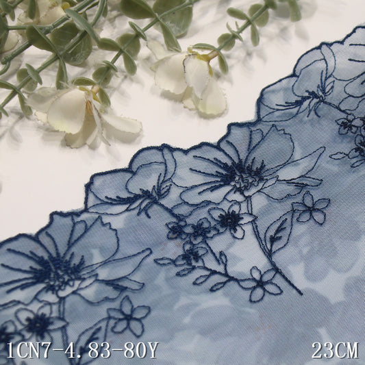 【1pack】-freedombeauty|Printed Mesh Single Edge Ancient Style Flower Embroidery Lace 23cm Traditional Hanfu Lace Trim DIY